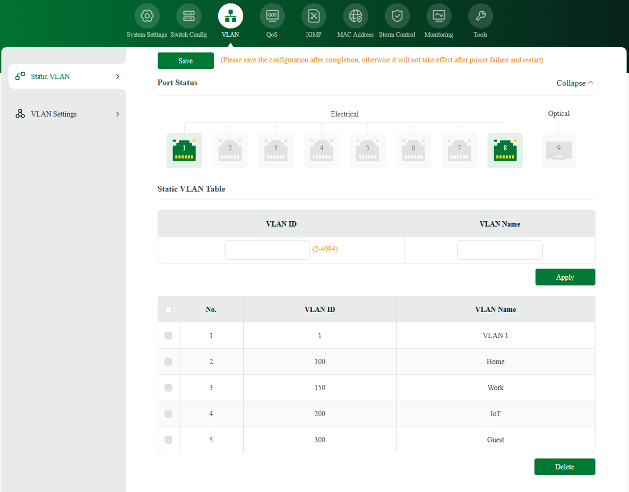 Ugreen managed Static VLAN
