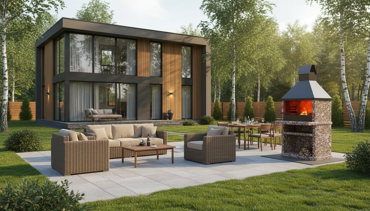 Печь-барбекю в зоне отдыха на даче