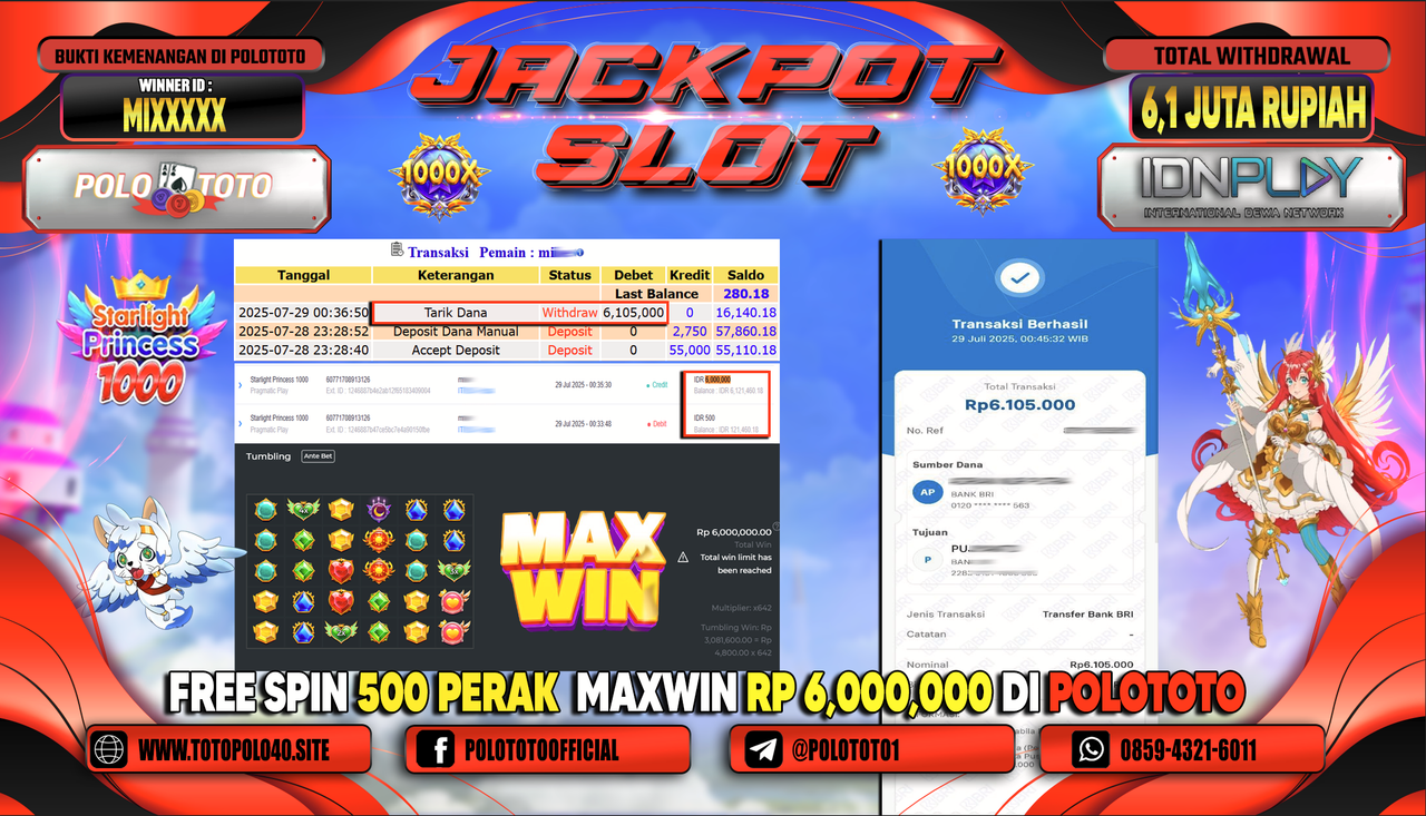 POLOTOTO JACKPOT SLOT STARLIGHT PRINCESS 1000 Rp.6.100.000,-LUNAS