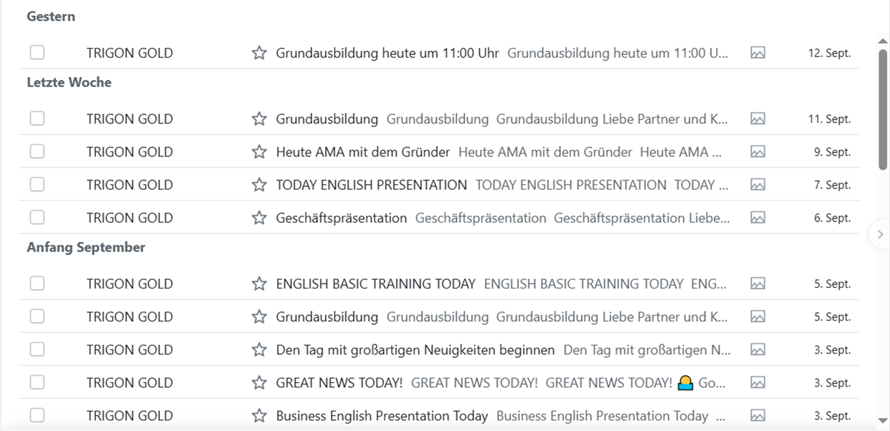 Emails von Trigon Gold September 2026