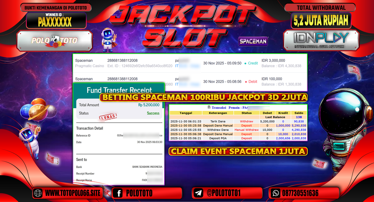 POLOTOTO JACKPOT SLOT SPACEMAN Rp.5.200.000,- LUNAS