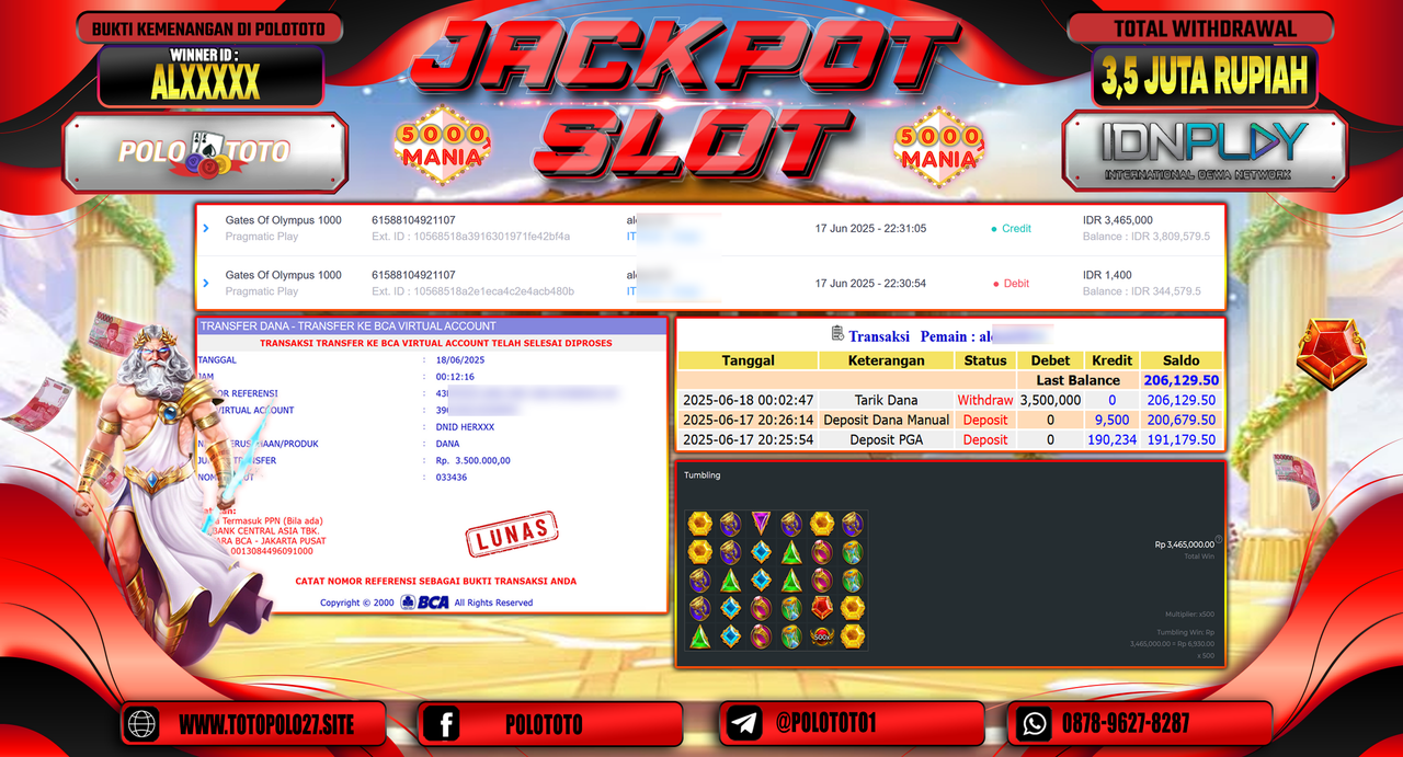 POLOTOTO JACKPOT SLOT GATES OF OLYMPUS 1000 Rp.3.500.000,-