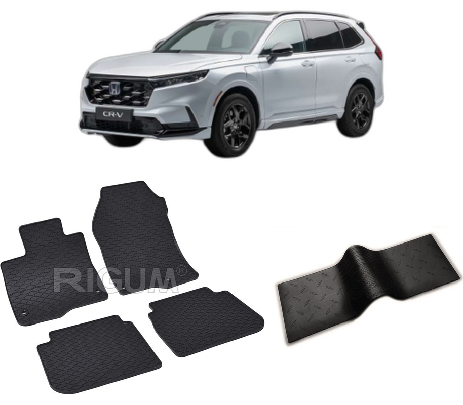 Set covorase auto HONDA CR-V PHEV din 08.2023-PREZENT, cu covoras tunel median, CAROSERIE SUV, Presuri cauciuc 100%, compatibil cu autoturismul HONDA CR-V PHEV, Rigum
