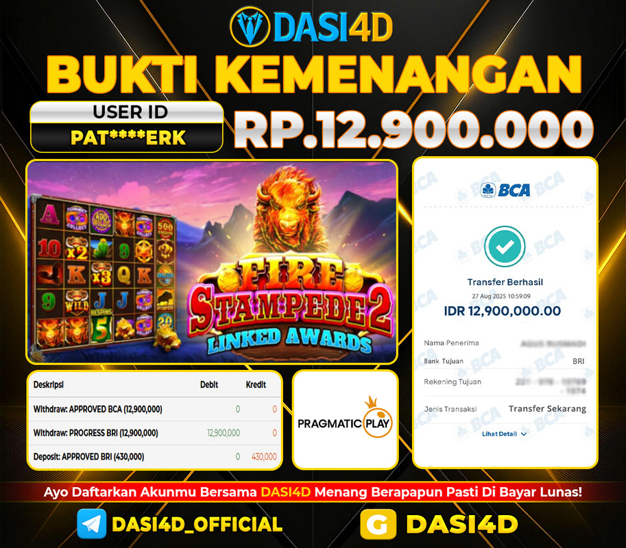 BUKTI KEMENANGAN 27 AGUSTUS 2025 DI  FIRE STAMPEDE  WD RP. 12.900.000