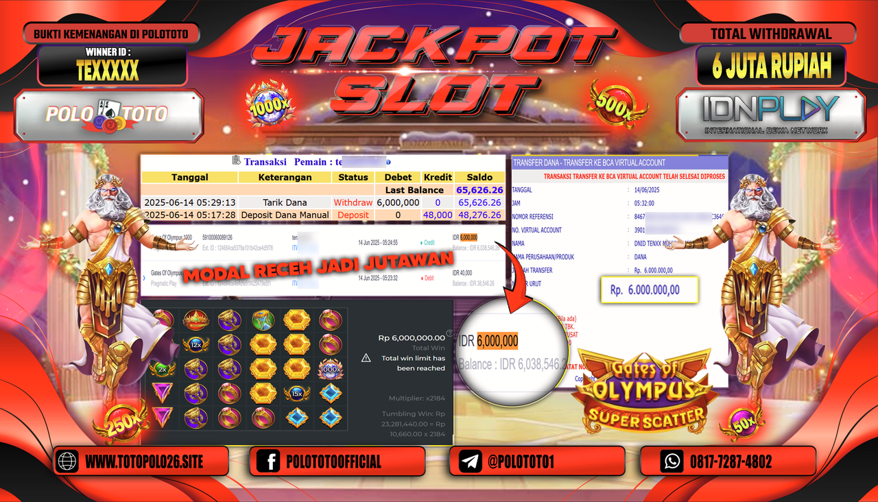 POLOTOTO JACKPOT SLOT GATES OF OLYMPUS 1000 Rp.6.000.000,-