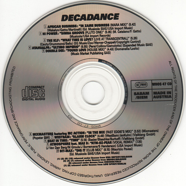22/03/2023 - Various – Decadance (Volume I)(CD, Compilation)(Who's That Beat – WHOS 47 CD)  1991 R-86261-1461675103-4135