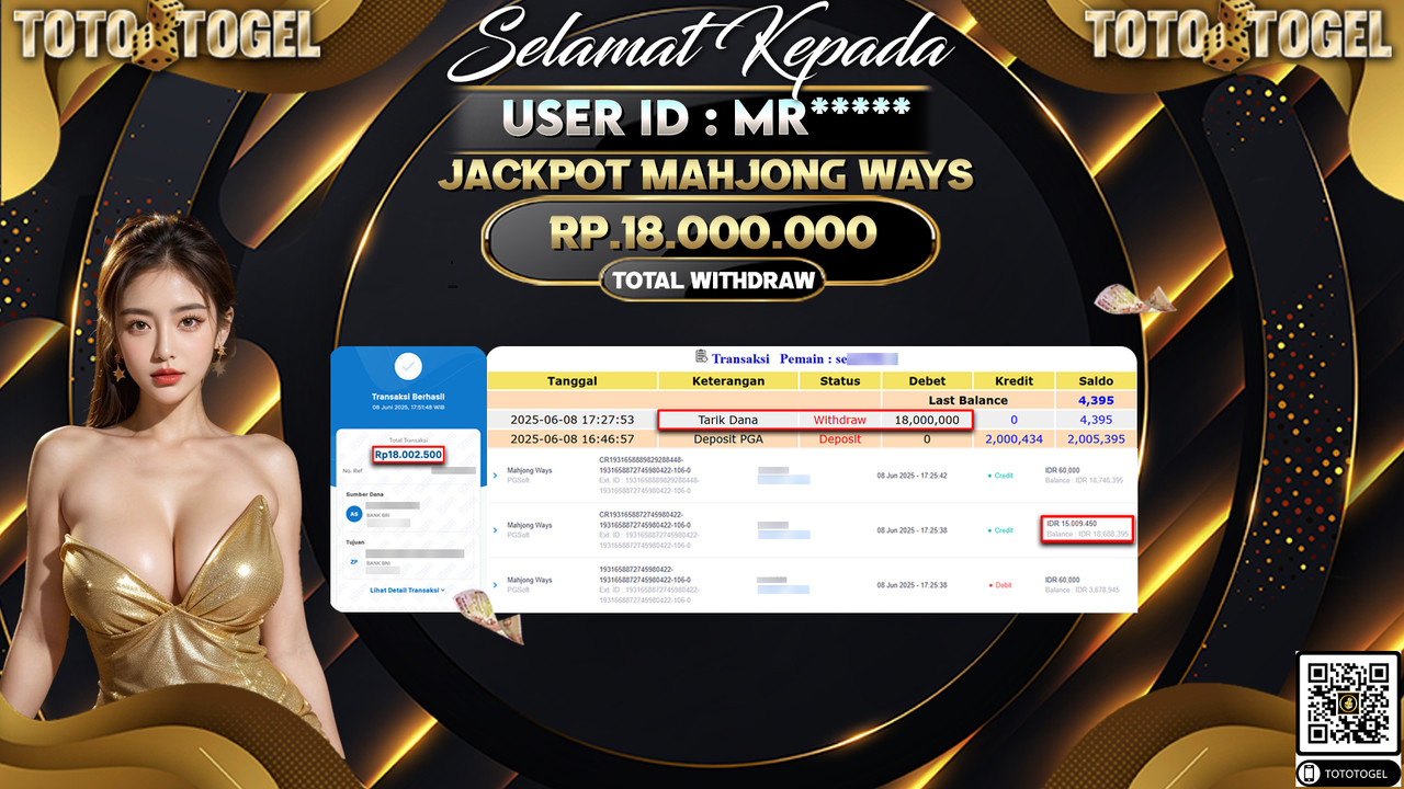 Bukti Pembayaran Jackpot Permainan Slot Mahjong Ways ID:SE***** LUNAS