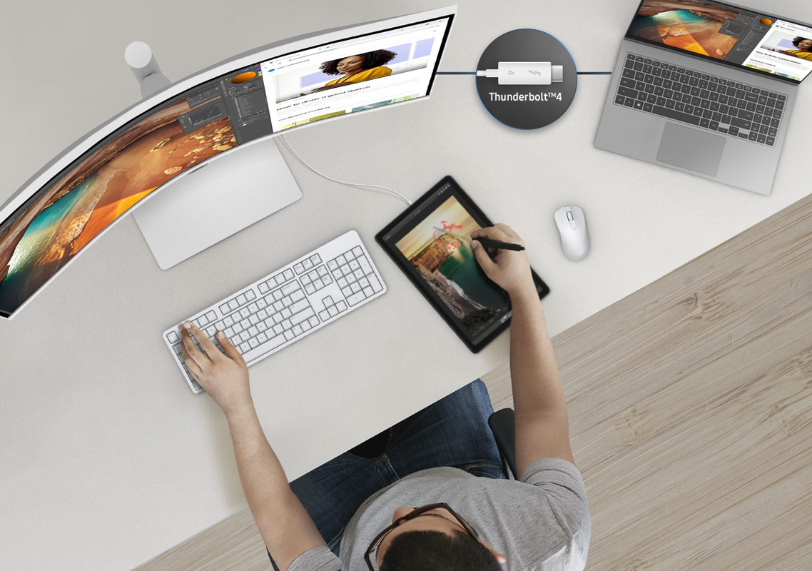 Monitor curvo ultra ancho Samsung ViewFinity S6 de 34 pulgadas en color blanco.