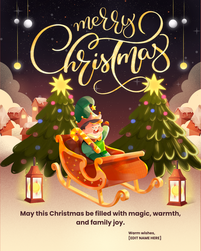 Elf Sleigh Christmas Card – Magical Winter Greeting (Editable in Canva)