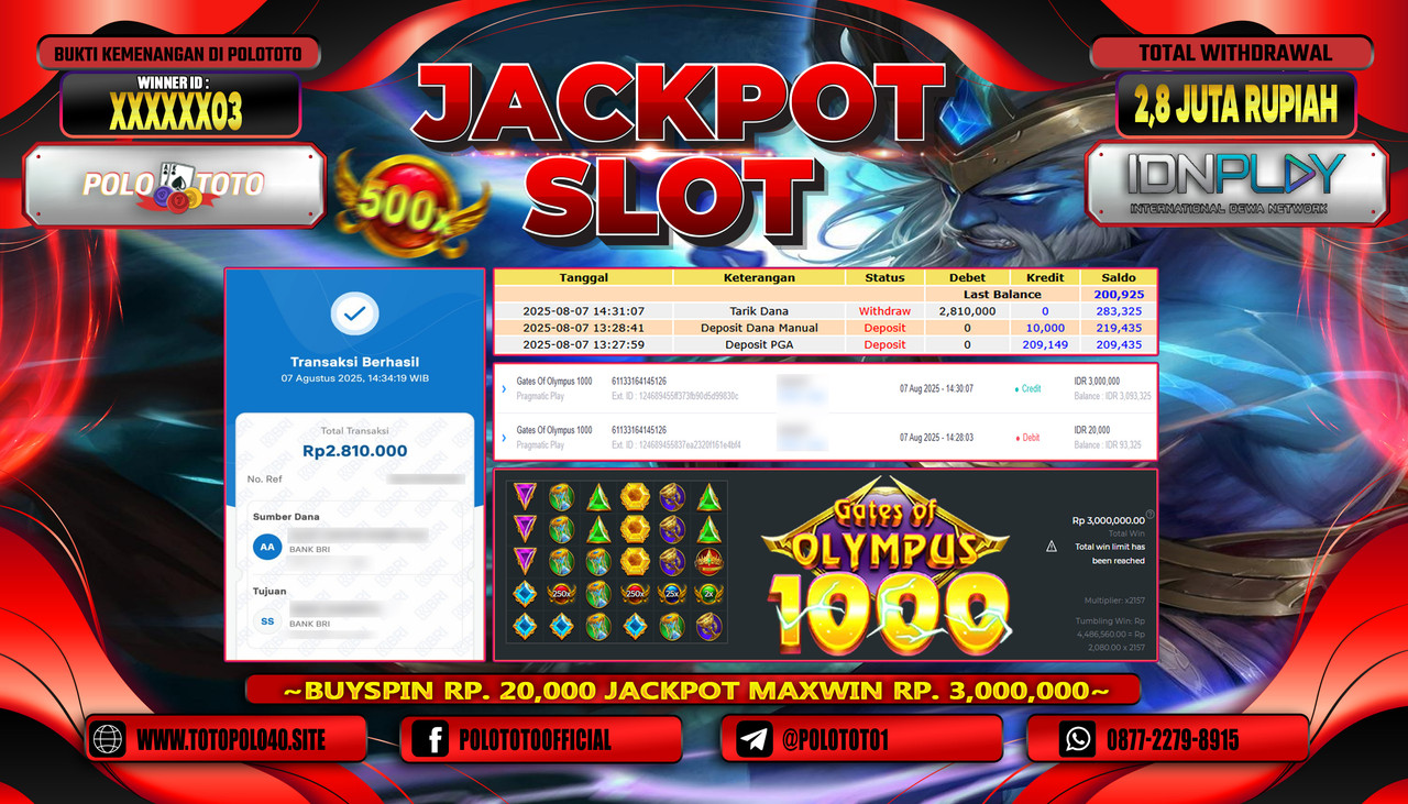POLOTOTO JACKPOT SLOT GATES OF OLYMPUS 1000 Rp.2.800.000,-LUNAS
