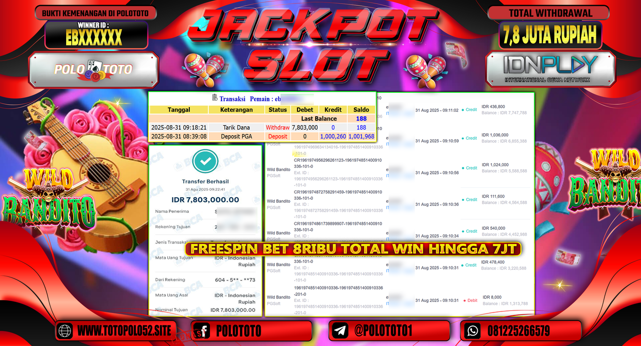 POLOTOTO JACKPOT SLOT WILD BANDITO Rp.7.803.000,-