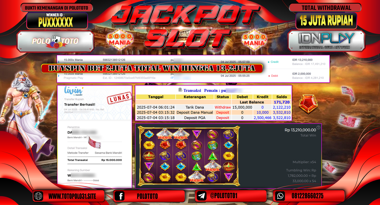 POLOTOTO JACKPOT SLOT 15.000X MANIA Rp.15.000.000,-