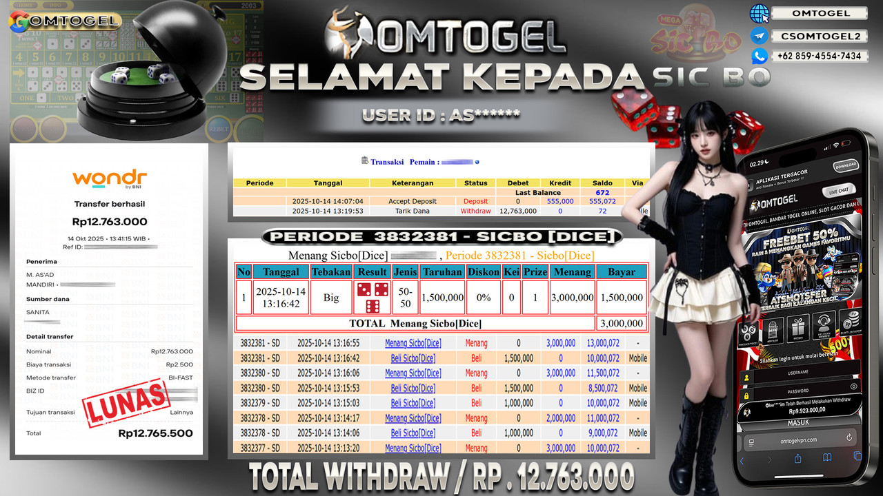 OMTOGEL JACKPOT LIVE GAMES SICBO DICE 12 JUTA DI BAYAR LUNAS ,-