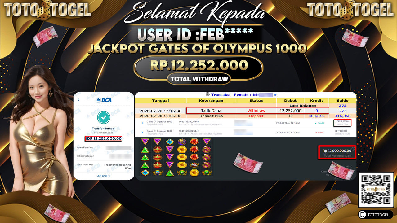 Bukti Pembayaran Jackpot SLOT GATES OF OLYMPUS  ID:FEB****LUNAS
