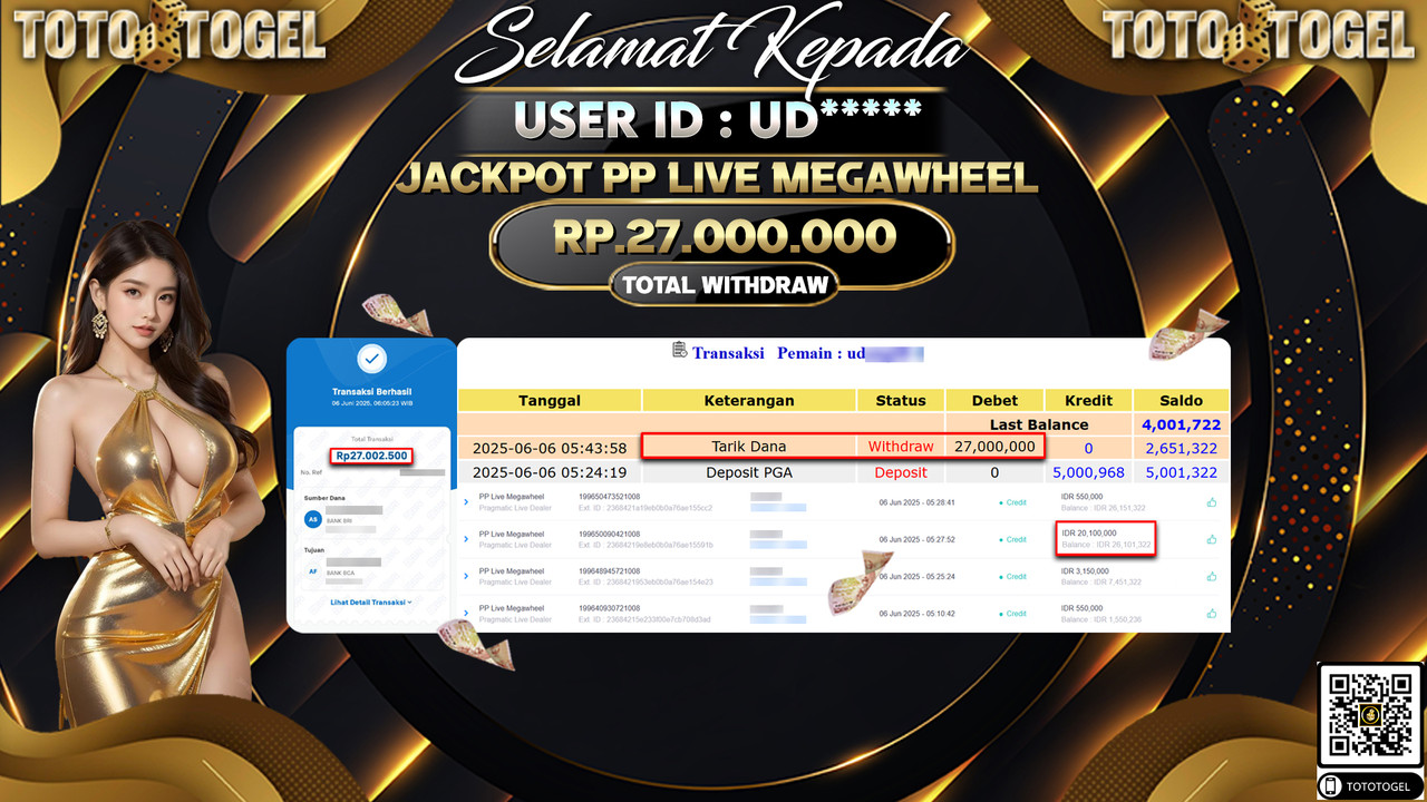 Bukti Pembayaran Jackpot Permainan Live Game PP Live Megawheel ID:UD***** LUNAS