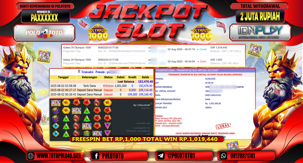POLOTOTO JACKPOT SLOT GATES OF OLYMPUS 1000 Rp.2.000.000,-LUNAS