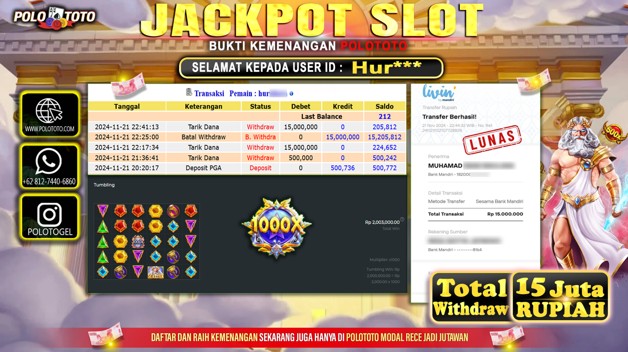 POLOTOTO JACKPOT SLOT GATES OF OLYMPUS Rp.15.000.000,- 