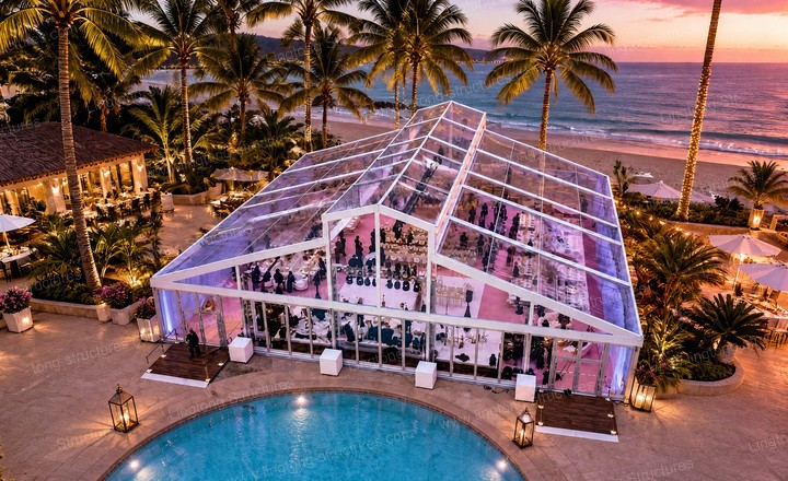 Lingtong atrium wedding tent with white frame set on a lush lawn for garden wedding ceremonies