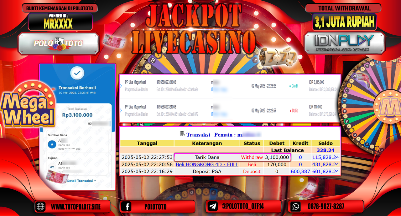POLOTOTO JACKPOT LIVE CASINO PP LIVE MEGAWHEEL Rp.3.100.000,-