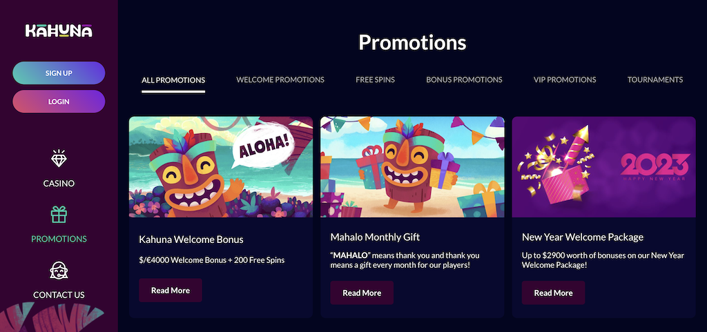Kahuna Casino Bonuses