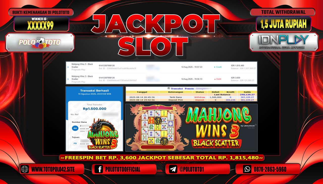 POLOTOTO JACKPOT SLOT MAHJONG WINS 3 BLACK SCATTER Rp.1.500.000,-LUNAS
