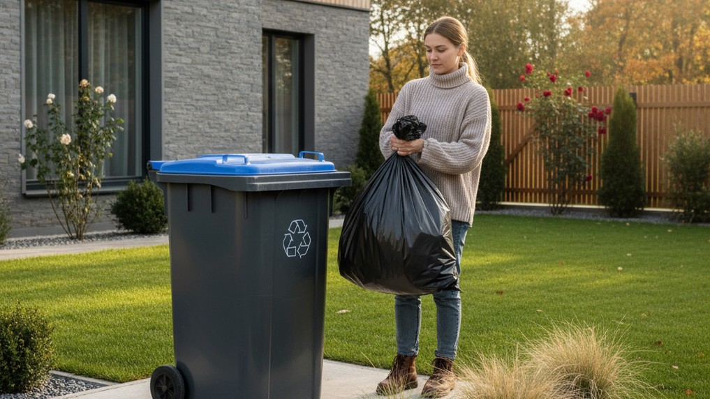 Правильный сбор твердых коммунальных отходов - женщина выносит мусор к контейнеру в частном секторе