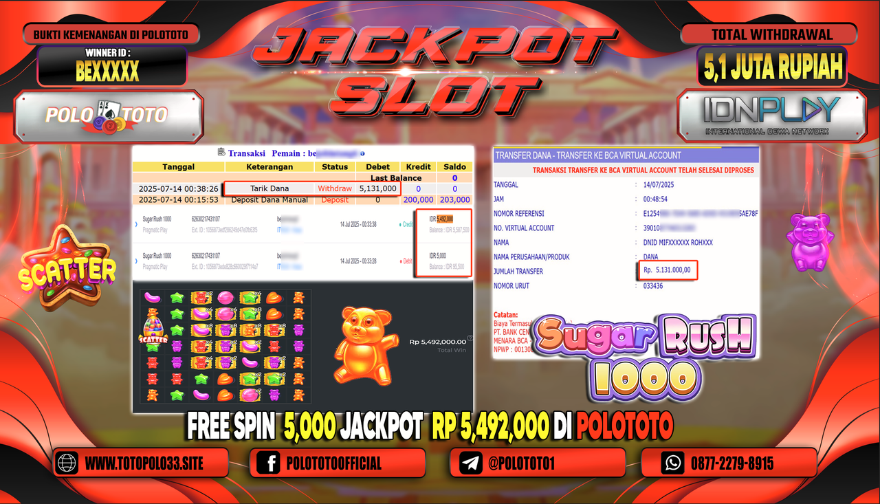 POLOTOTO JACKPOT SLOT SUGAR RUSH 1000 Rp.5.131.000,-