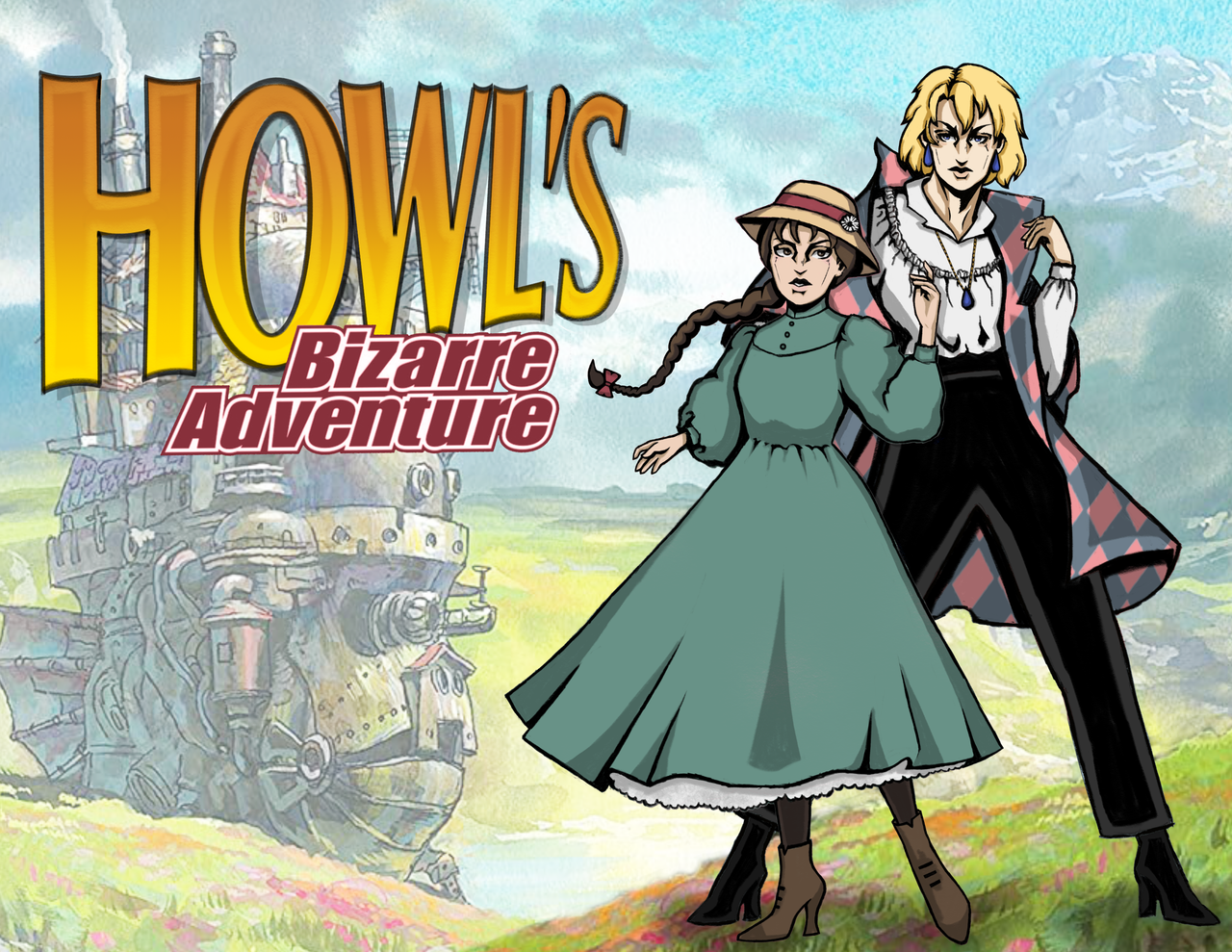 Howl and Sophie from “Howl’s Moving Castle” drawn in a similar style to “Jojo’s Bizarre Adventure”. The title of the fic “Howl’s Bizarre Adventure” is stylistically displayed next to them. 