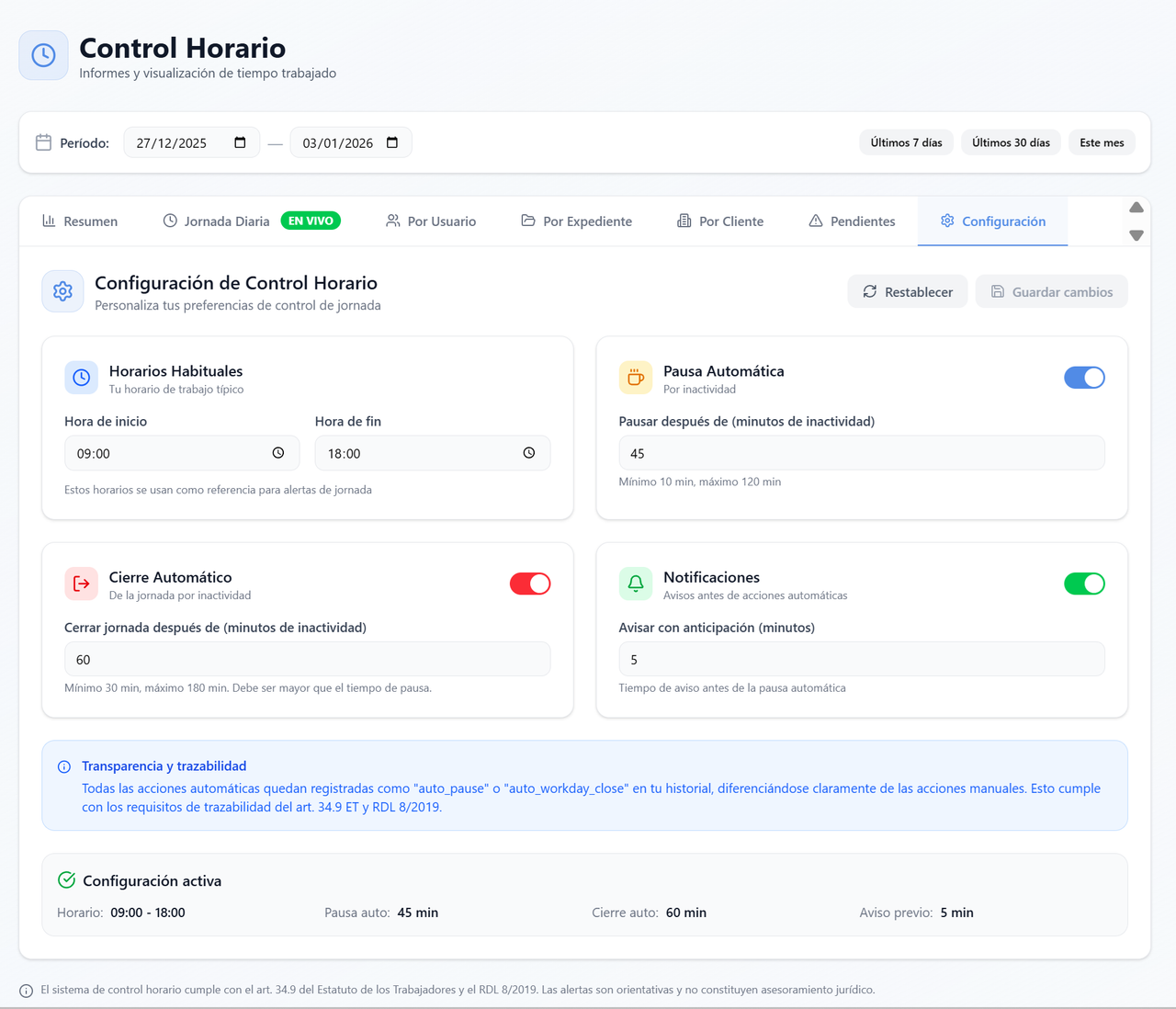 Configuración del control horario - Transparencia y trazabilidad para cumplimiento legal