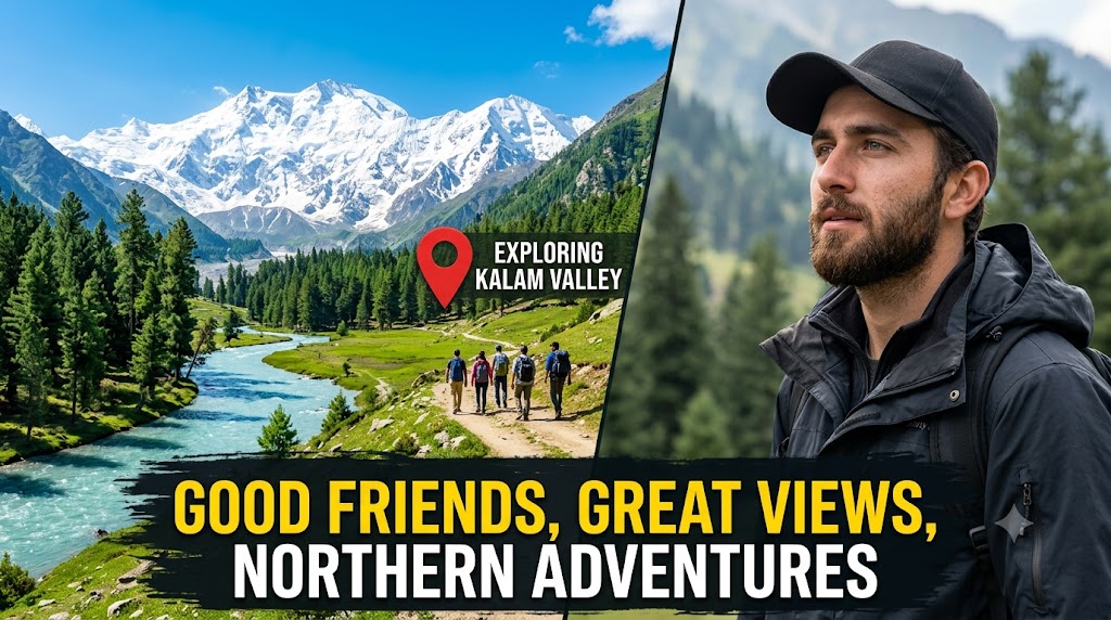 AI-generated example result for the youtube-thumbnail prompt: Travel & Adventure Vlog – "EXPLORING KALAM VALLEY / GOOD FRIENDS, GREAT VIEWS," | Travel And Adventure Vlog Youtube T... AI YouTube Thumbnail Prompt
