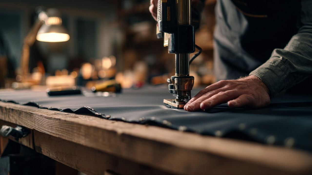 Процесс крепления ткани степлером на мебельный каркас