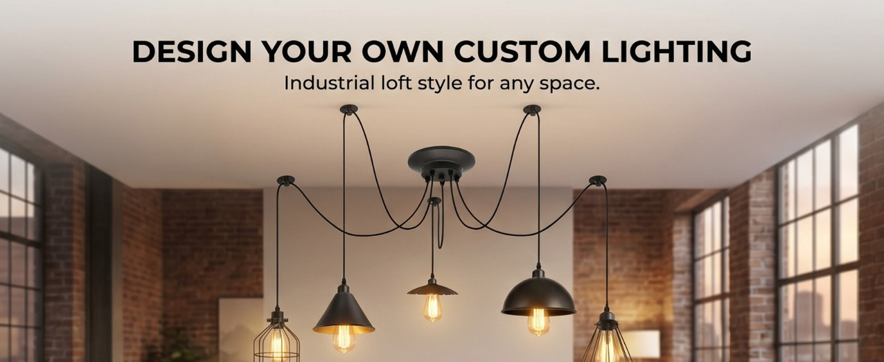 Industrial loft style spider pendant ceiling light with 5 adjustable arms over a wooden dining table in a brick wall interior
