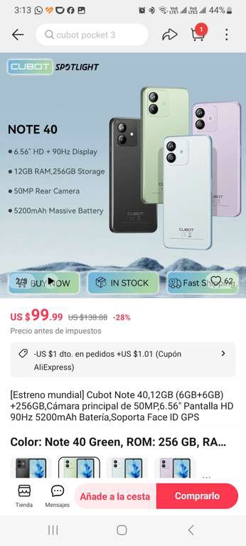 AliExpress: Cubot Note 40 ( 6+6 Ram 256 GB ) ENVIO DESDE MEXICO