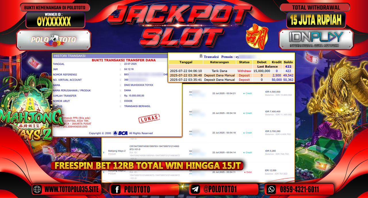 POLOTOTO JACKPOT SLOT MAHJONG WAYS 2 Rp.15.000.000,- LUNAS