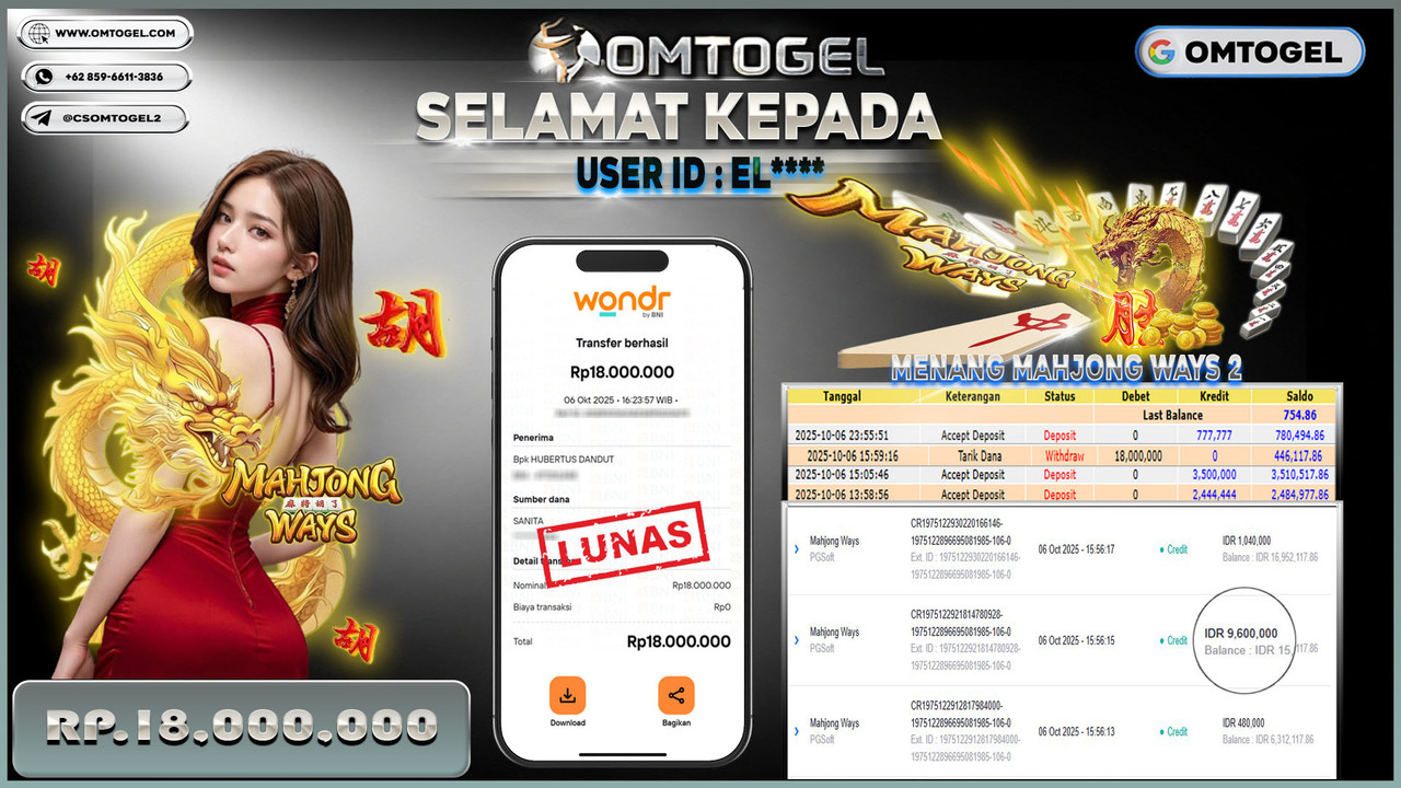 OMTOGEL JACKPOT PGSOFT MAHJONG WAYS 18 JUTA DI BAYAR LUNAS ,-