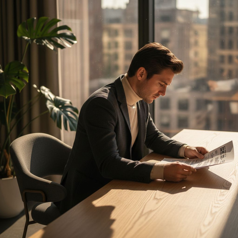 Человек внимательно изучает договор на аренду мебели, делая пометки ручкой перед подписанием.