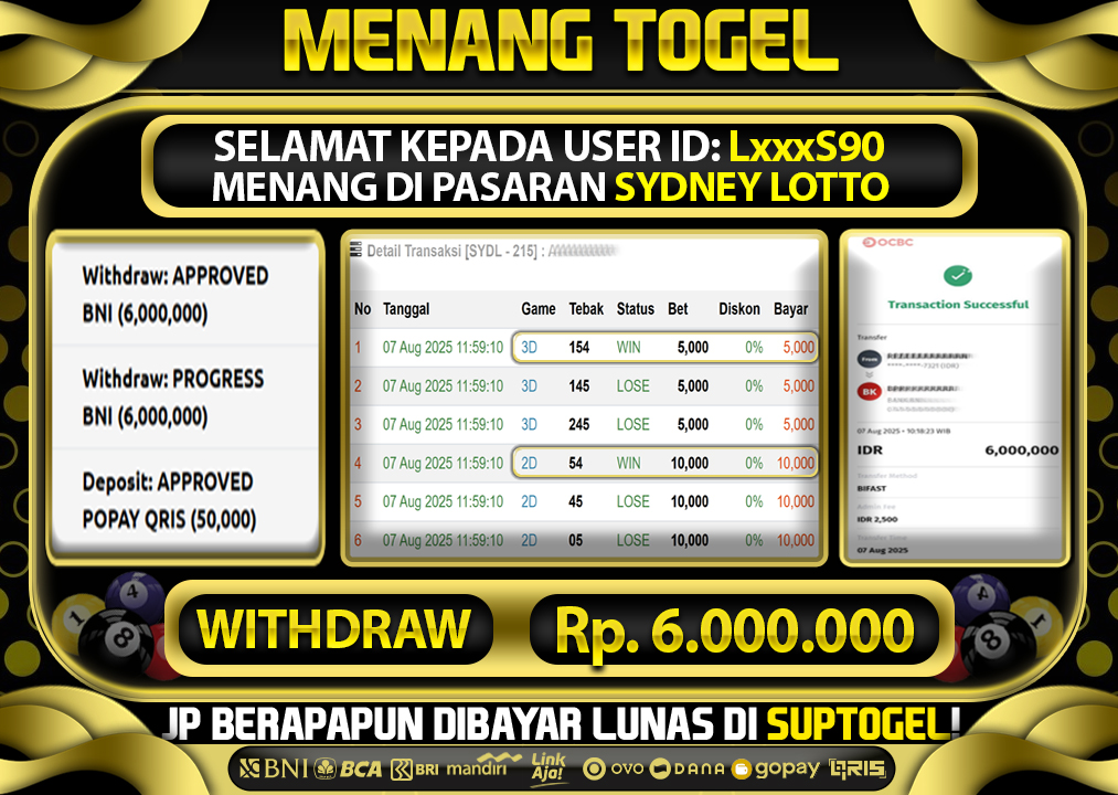  BUKTI KEMENANGAN 7 AGUSTUS 2025 MENANG DI PASARAN SYDNEY LOTTO  TOTAL WD 6 JUTA
