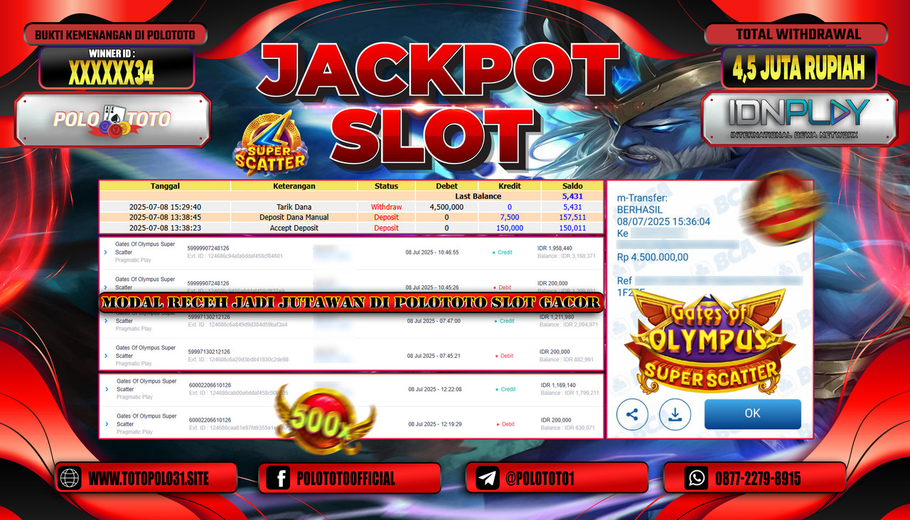 POLOTOTO JACKPOT SLOT GATES OF OLYMPUS SUPER SCATTER Rp.4.500.000,- LUNAS