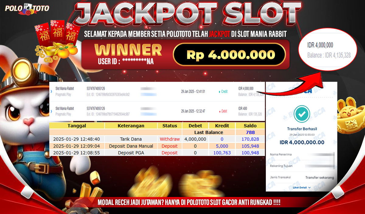 POLOTOTO JACKPOT SLOT MANIA RABBIT Rp.4,000.000,-