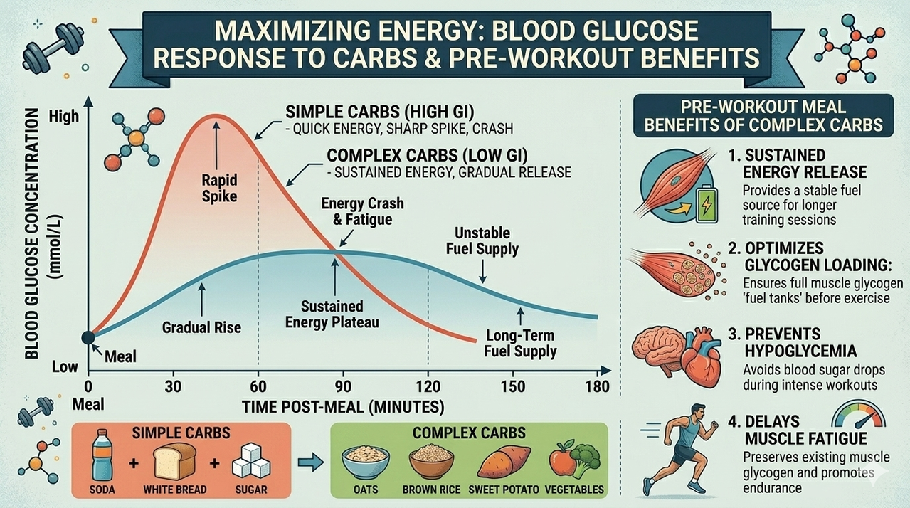 Graph comparing blood glucose response to complex vs simple carbs over time for pre-workout meal benefits of complex carbs