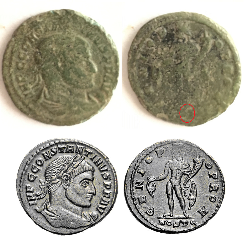 Nummus de Constantino I. GENIO POP ROM. Genio estante a izq. Ostia. 1