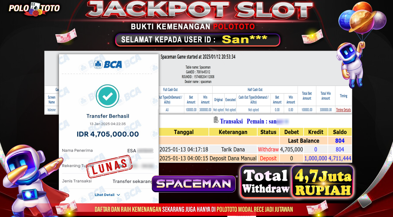 POLOTOTO JACKPOT SLOT SPACEMAN Rp.4,705.000,-
