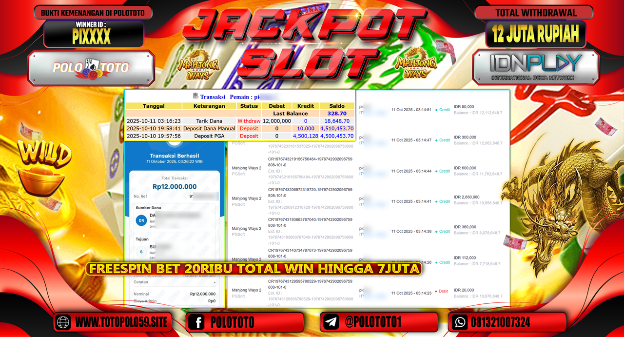 POLOTOTO JACKPOT SLOT MAHJONG WAYS 2 Rp.12.000.000,- LUNAS