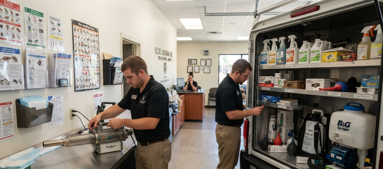 Professional pest control technician with equipment