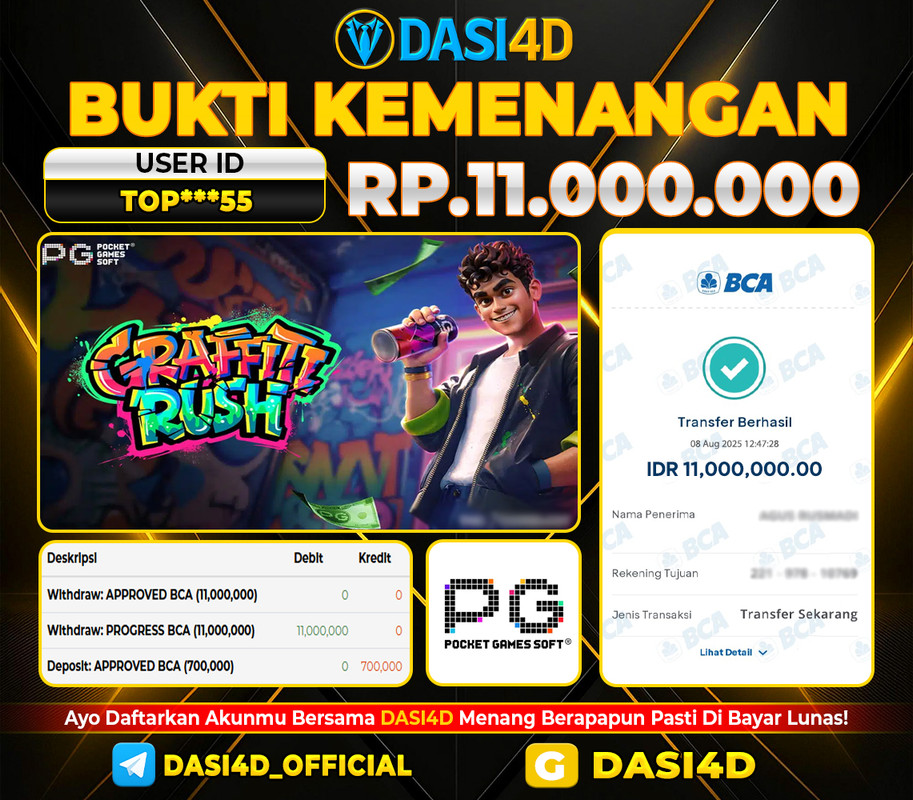BUKTI KEMENANGAN 08 AGUSTUS 2025 DI GRAFFITI RUSH WD 11.000.000