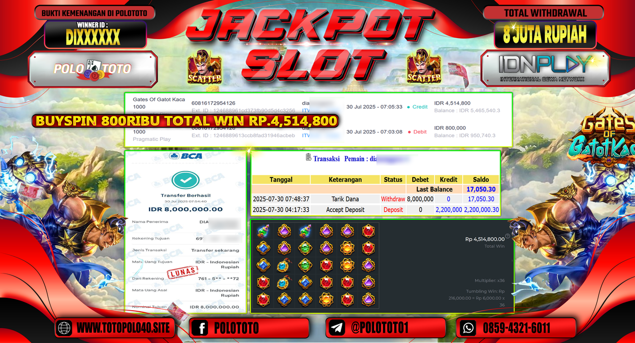 POLOTOTO JACKPOT SLOT GATES OF GATOT KACA 1000 Rp.8.000.000,- LUNAS