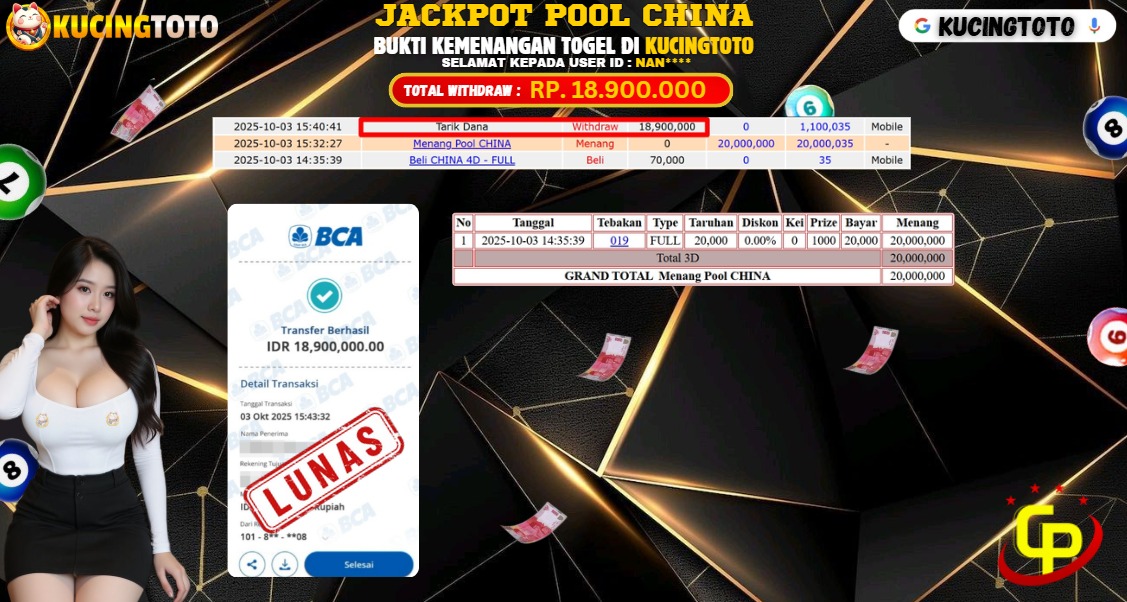 KUCINGTOTO JACKPOT TOGEL CHINA POOLS RP.18.900.000.,- LUNAS