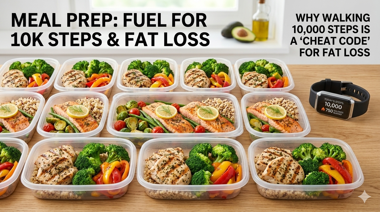 Batch cooked meals in containers with lean protein and vegetables for why walking 10k steps is a cheat code for fat loss