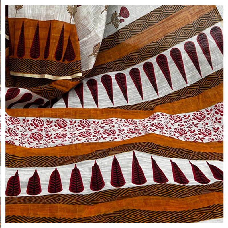 Hand Block Printed Cream Color Saree with Rust Border and Red Flower Buttis