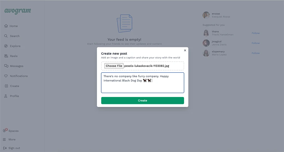 New post form inside a modal